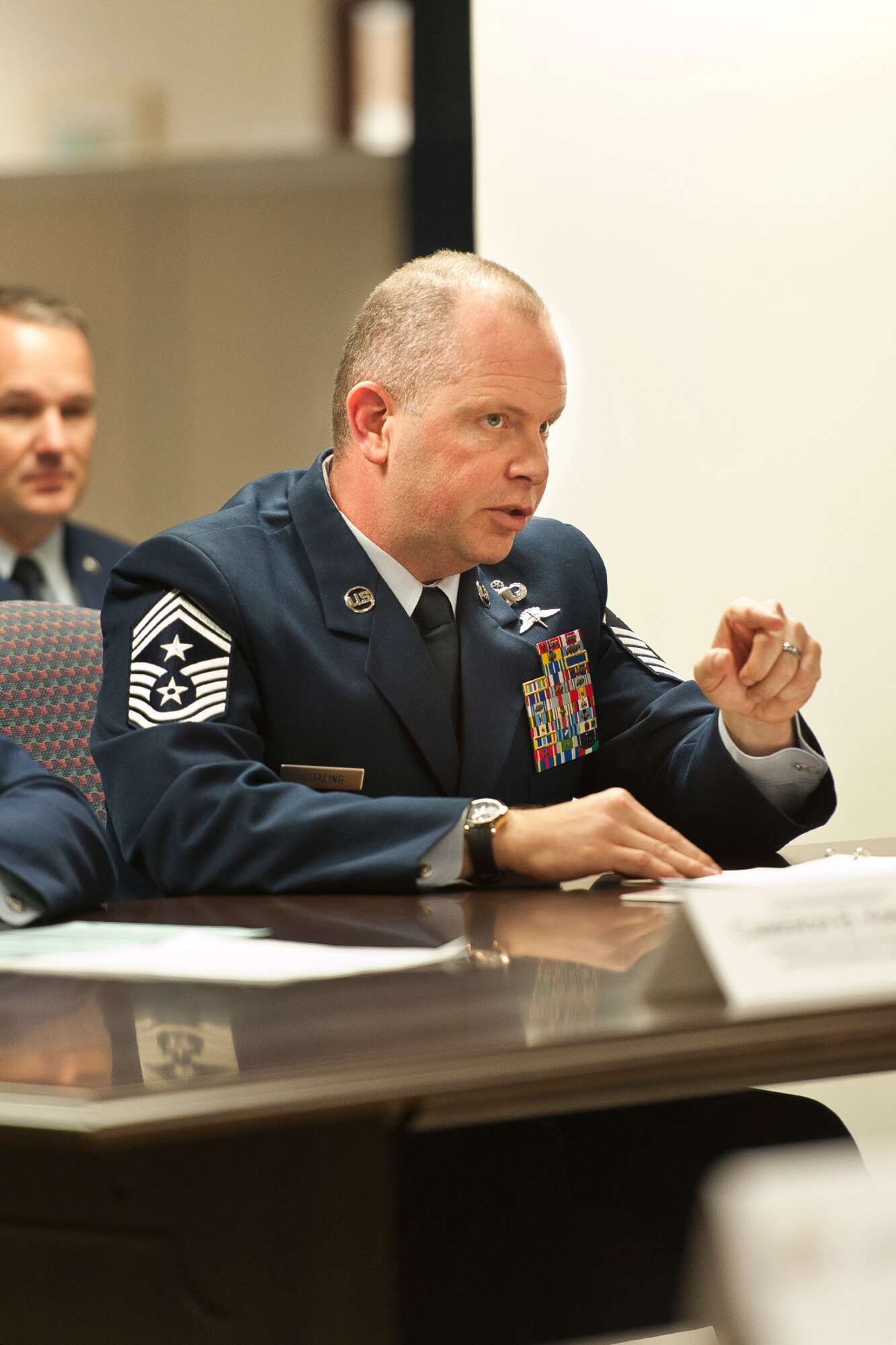 Chief Master Sgt. James W. Hotaling, Command Chief Master Sergeant of the Air National Guard testifies to the National Commission of the Structure of the Air Force on October 25, 2013 in Arlington, VA. The National Commission of the Structure of the Air Force was established by Congress this year to comprehensively study the U.S. Air Force and it three components - active, reserve and Air National Guard - and determine how the Air Force's structure should be modified to best fill current and future mission requirements, including homeland defense, with available resources. (U.S. Air National Guard photo by Master Sgt. Marvin R. Preston/RELEASED)