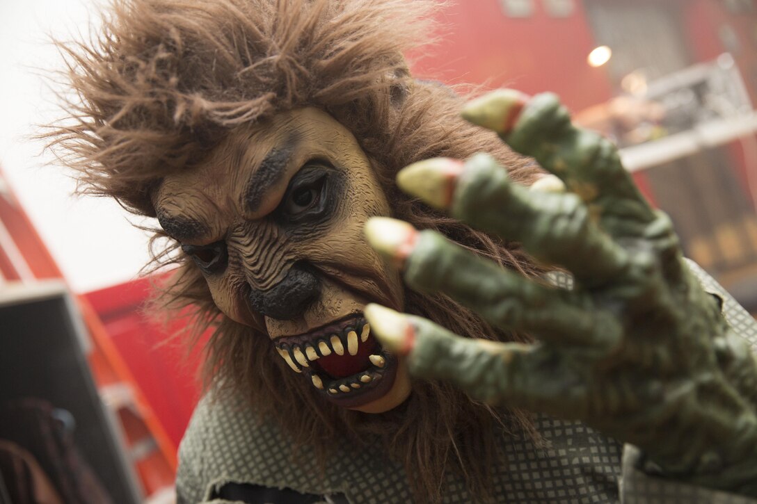 A Terror Town actor puts his best face forward to create a horrifying environment at the Area 3 Gym aboard Marine Corps Base Camp Lejeune. Terror Town is an event hosted by Marine Corps Community Services to spread Halloween frights and gather screams. The attraction features a haunted environment sure to scare your socks off.