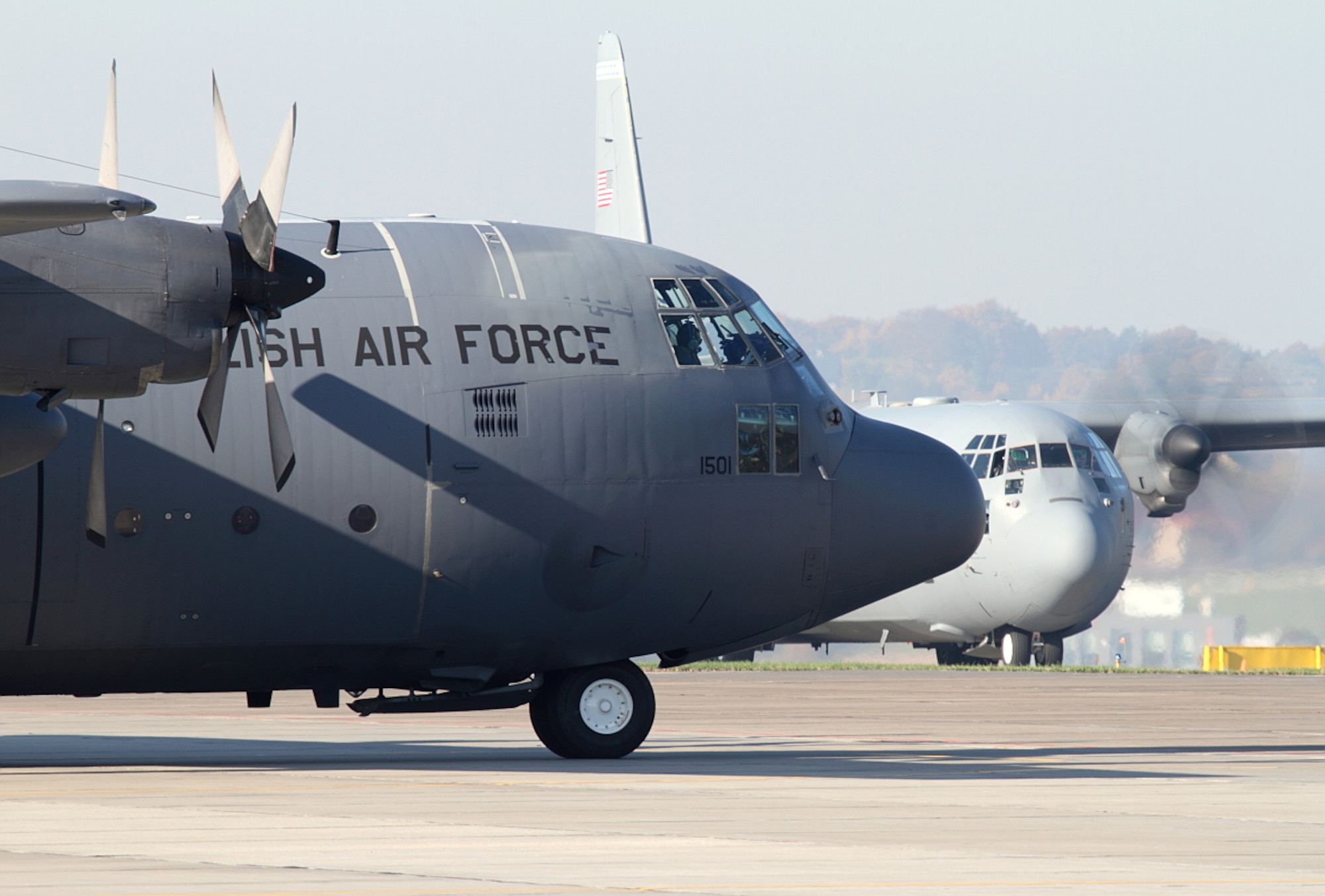 A C-130J Super Hercules prepares for takeoff during the first-ever Joint Precision Air Drop System (JPADS) delivery in the U.S. European Command region during the bilateral theater security cooperation event, Aviation Detachment Rotation Oct. 23, 2013. 