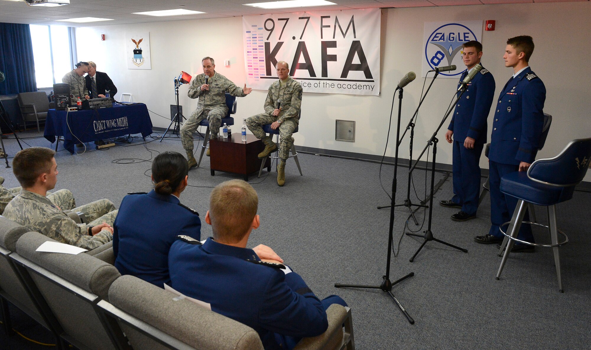 Air Force Chief of Staff Gen. Mark A. Welsh III and Chief Master Sgt. of the Air Force James A. Cody answer questions during “Stars and Chevrons,” a show on the U.S. Air Force Academy cadet-run radio station, KAFA 97.7 FM, Oct. 29, 2013, Colorado Springs, Colo. Welsh and Cody answered questions from budget uncertainty to professional development during the hour-long show.