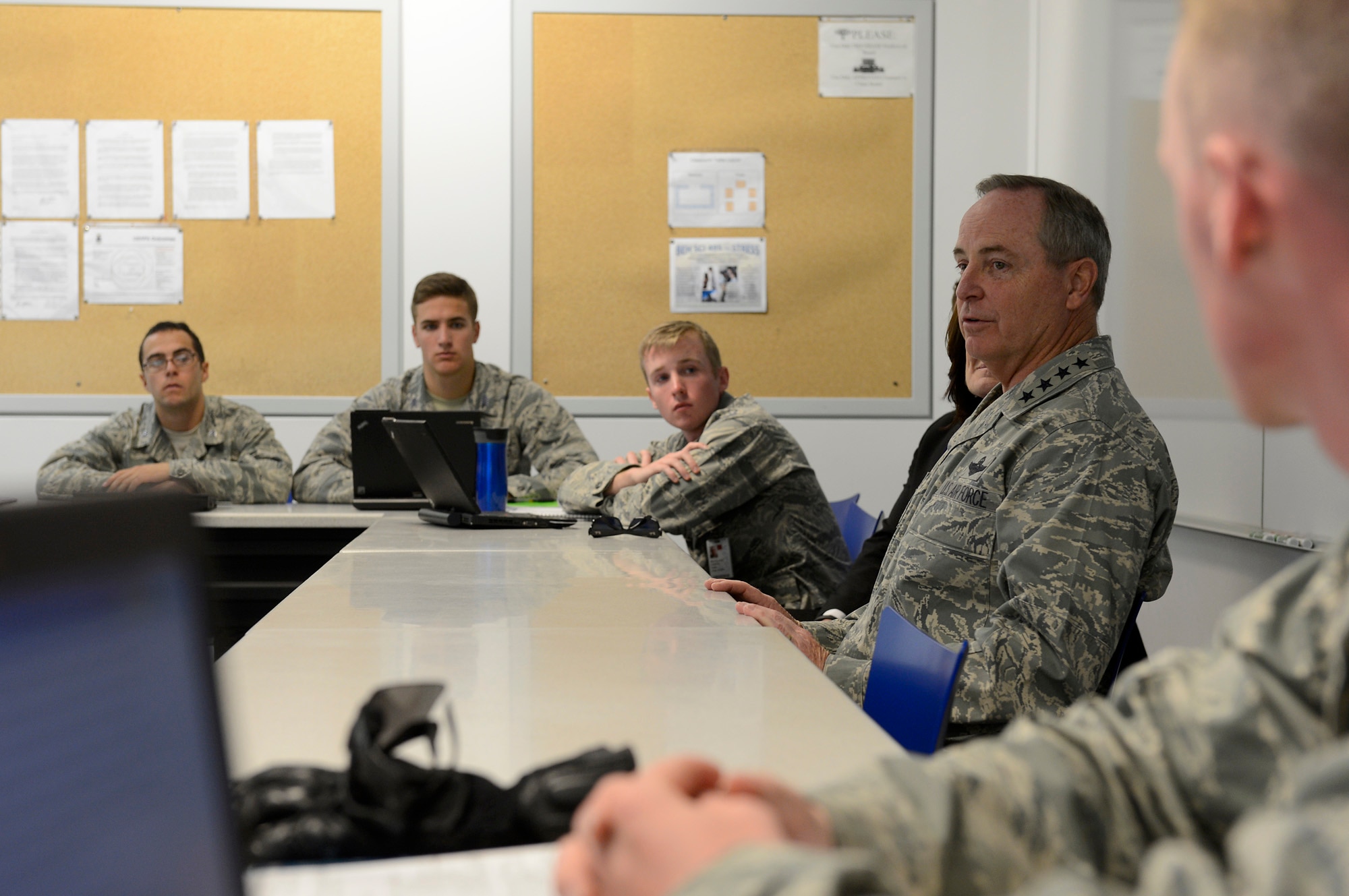 Air Force Chief of Staff Gen. Mark A. Welsh III speaks with cadets during a Behavioral Science 310 class Oct. 28, 2013, U.S. Air Force Academy, Colorado Springs, Colo. Welsh, along with Chief Master Sgt. of the Air Force James A. Cody, visited with cadets Oct. 28 and 29. Welsh also hosted a cadet call, met with cadets over lunch and teamed with Cody to answer questions during “Stars and Chevrons,” a show on the cadet-run radio station, KAFA 97.7 FM.
