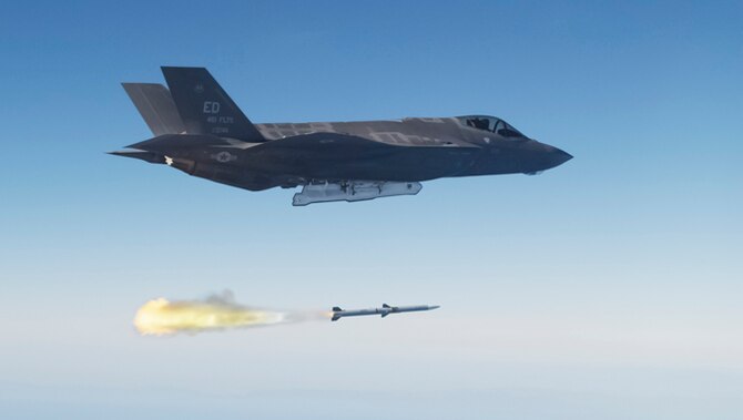 An F-35A Lightning II executed its first live-fire launch of a guided air-to-air missile over a military test range off the California coast on Oct. 30.
