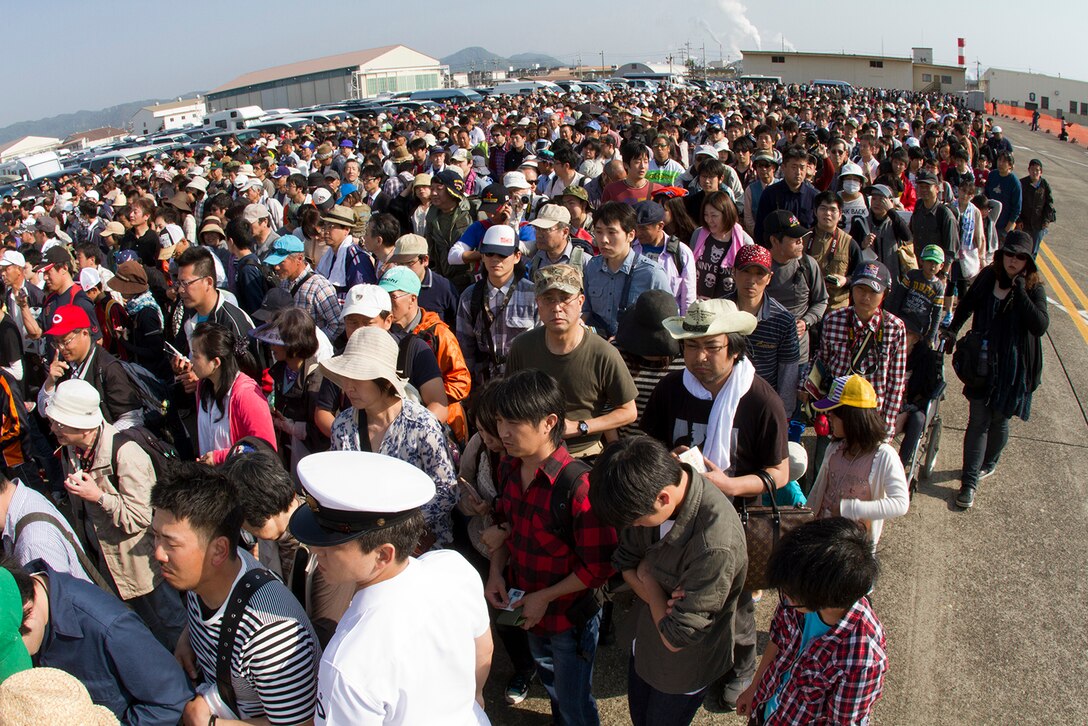 The crowd gathers at the front gate to get into Friendship Day aboard MCAS Iwakuni, Japan, May 5, 2012. Friendship Day is an annual event aboard the station, which attracted more than 285,000 people, to officially celebrate the long-standing friendship between the U.S. and Japan.