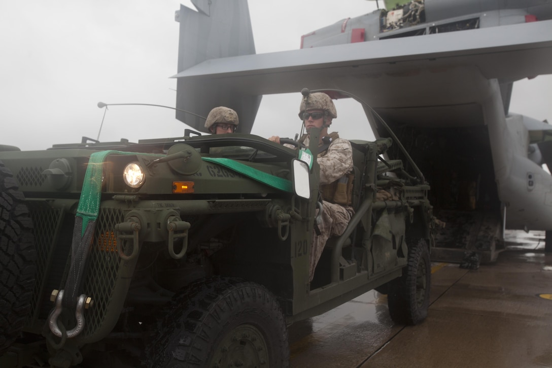 Cpl. Dylan M. Burke, right, and Cpl. Dylan L. Dedmon embark the M1161 internally transportable vehicle aboard an MV-22B Osprey tiltrotor aircraft Oct. 23 at Marine Corps Air Station Futenma. “The ITV is designed to fit inside aircraft hulls like the Osprey,” said Dedmon. “We can drive into or out of the hull and get carried off to our mission destination. Then once it lands, we can drive out just the same.” Dedmon and Burk are reconnaissance men with 3rd Reconnaissance Battalion, 3rd Marine Division, III Marine Expeditionary Force. 