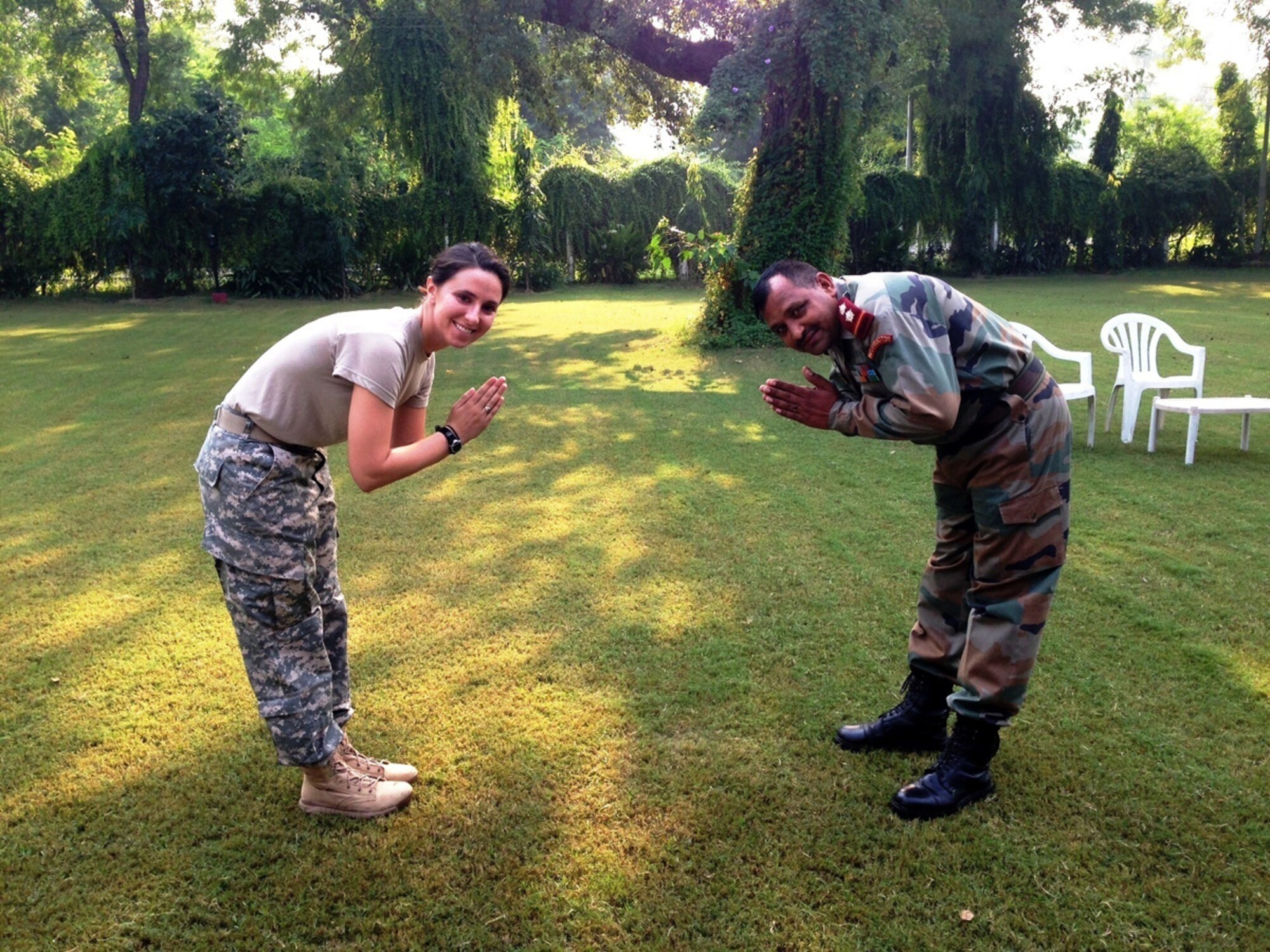 U.S. Army 1st Lt. Laura Condyles, 725th Brigade Support Battalion, and Indian Army Junior Commissioned Officer Saab Ajit Singh, an instructor for the Heavy Drop Course at India’s Army Airborne Training School, greet each other in the morning by bowing and saying “Namaste” Aug. 29 at Agra, India. (Courtesy photo)