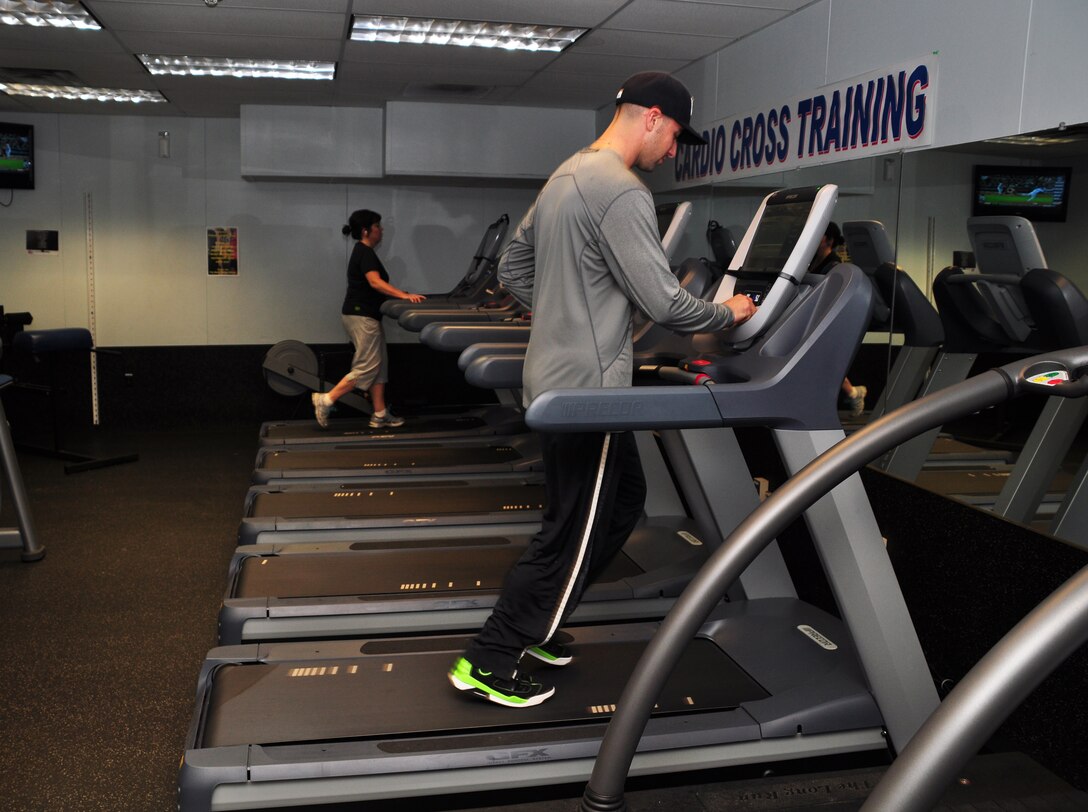 Sam Scalzo, Recreation Assistant, 914th Force Support Squadron, gets a morning run in on the new equipment recently obtained by the base fitness center. Scalzo is also a traditional reservist with the rank of Staff Sergeant, belonging to the 914th Aircraft Maintenance Squadron. (U.S. Air Force photo by Staff Sgt. Stephanie Clark) 
