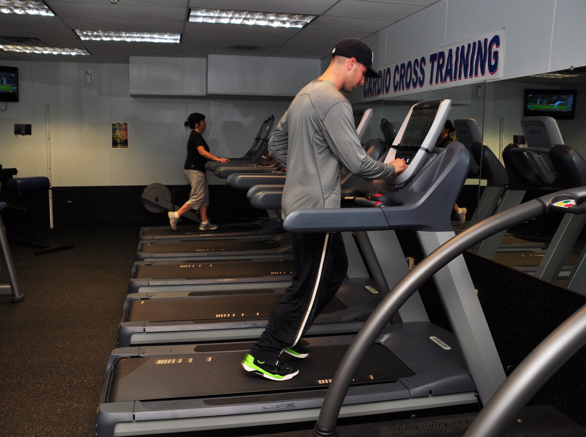 Sam Scalzo, Recreation Assistant, 914th Force Support Squadron, gets a morning run in on the new equipment recently obtained by the base fitness center. Scalzo is also a traditional reservist with the rank of Staff Sergeant, belonging to the 914th Aircraft Maintenance Squadron. (U.S. Air Force photo by Staff Sgt. Stephanie Clark) 