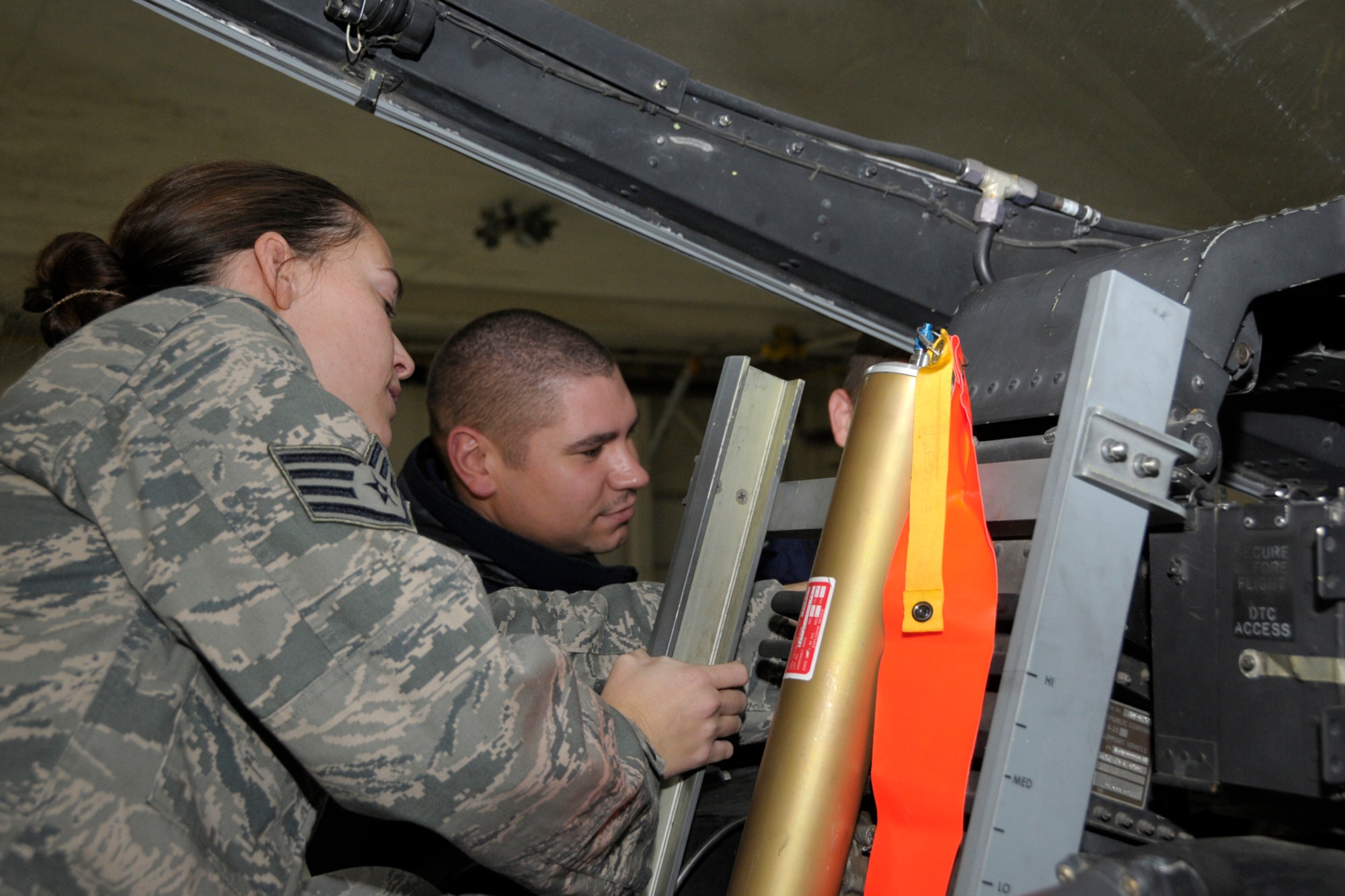 131030-Z-VF226-038 -- Staff Sgt. Nicole Moss, 127th Maintenance Squadron, and Petty Officer 2nd Class Mike Barber, Coast Guard Air Station Detroit, review some of the systems on an A-10 Thunderbolt II at Selfridge Air National Guard Base, Mich., Oct. 30, 2013. The 127th MXS maintains A-10 Thunderbolt II attack fighters and Air Station Detroit operates MH-65 Dolphin rescue helicopters at Selfridge. The Coast Guard personnel at Air Station Detroit do not normally have the opportunity to work on pressurization systems and contacted the 127th MXS for joint training. (Air National Guard photo by Brittani Baisden / Released)