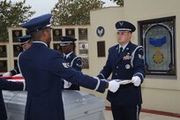 Joint Base San Antonio Honor Guard members perform a six-man flag fold during a training exercise in Heritage Park at JBSA-Randolph. Volunteer honor guard members work closely with the mortuary affairs staff to provide proper burials for active duty service members and veterans. (U.S. Air Force photo by Melissa Peterson)