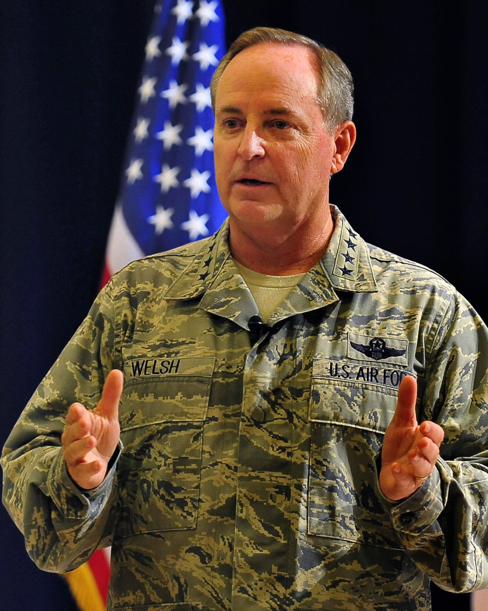 Air Force Chief of Staff Gen. Mark A. Welsh III addresses Airmen during an all-call at Misawa Air Base, Japan recently. The general plans to visit Hanscom Air Force Base Nov. 7 and 8. The visit will kick off with an all-call in the Aero Club Hangar at 2:15 p.m. Nov. 7. Welsh will also receive mission overview briefings and review program displays and demonstrations, participate in a community social and meet with high-level government officials during his visit.  (U.S. Air Force photo/Staff Sgt. Nathan Lipscomb)