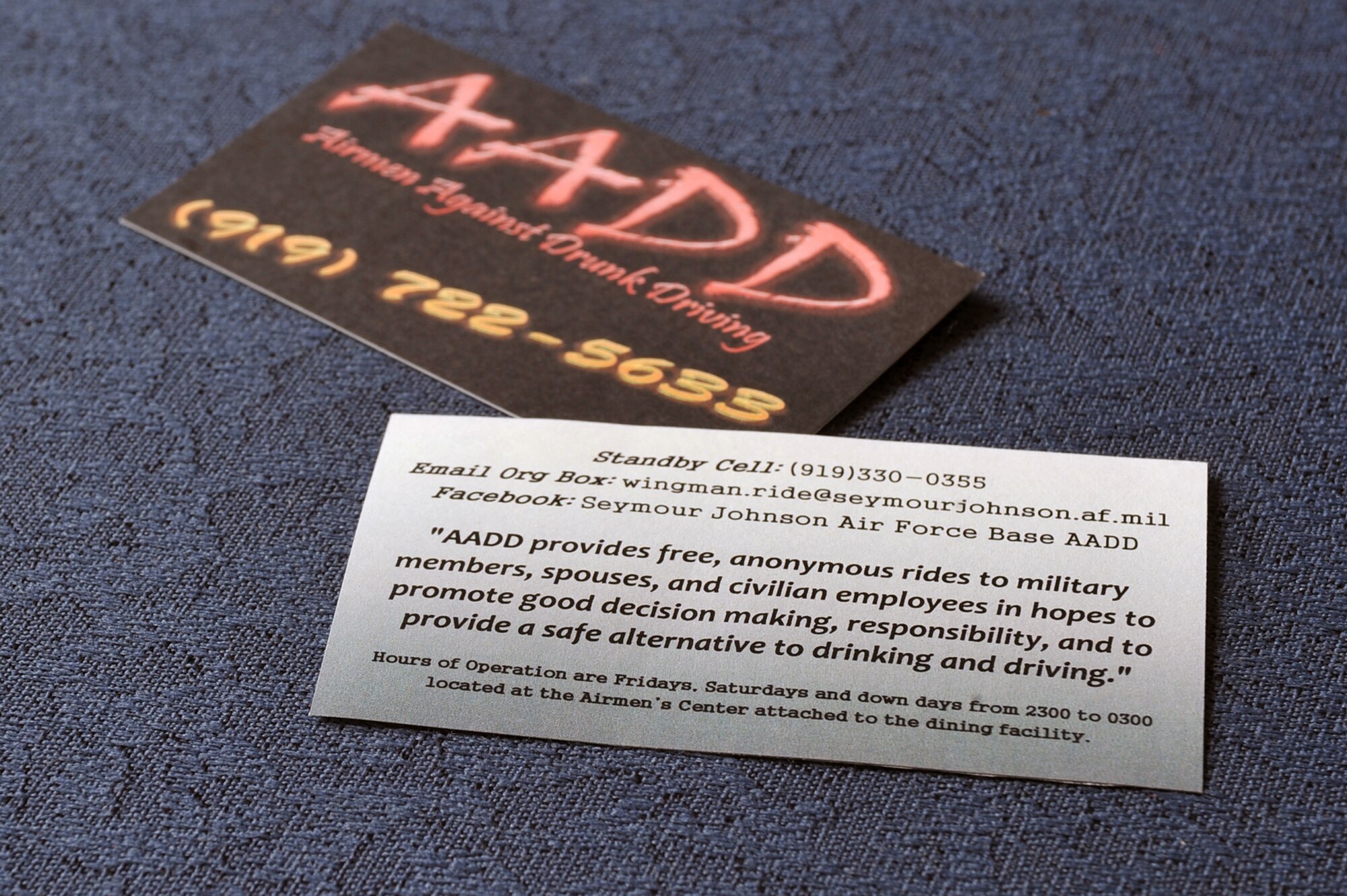 AADD is a private organization, run by Airmen, that was formed to eliminate the number of driving under the influence felonies by Department of Defense cardholders. The program operates at the Airman’s Center from 11 p.m. to 3 a.m., on Friday and Saturday nights, as well as during holidays and down-days. To request a ride, call (919) 722-5633 during applicable hours. (U.S. Air Force photo illustration by Airman 1st Class John Nieves Camacho)