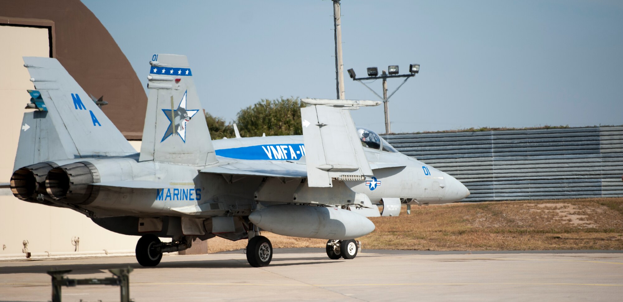 An F-18 Hornet from the Marine Fighter Attack Squadron 112, taxis into its parking spot after completing a Max Thunder scenario at Kunsan Air Base, Republic of Korea, Oct. 30, 2013. This is the 11th Max Thunder exercise, which fosters bilateral aerial training between the Korea Air Power Team to include the U.S. Air Force, Marine Corps and the Republic of Korea air force. (U.S. Air Force photo by Senior Airman Armando A. Schwier-Morales)