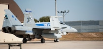 An F-18 Hornet from the Marine Fighter Attack Squadron 112, taxis into its parking spot after completing a Max Thunder scenario at Kunsan Air Base, Republic of Korea, Oct. 30, 2013. This is the 11th Max Thunder exercise, which fosters bilateral aerial training between the Korea Air Power Team to include the U.S. Air Force, Marine Corps and the Republic of Korea air force. (U.S. Air Force photo by Senior Airman Armando A. Schwier-Morales)