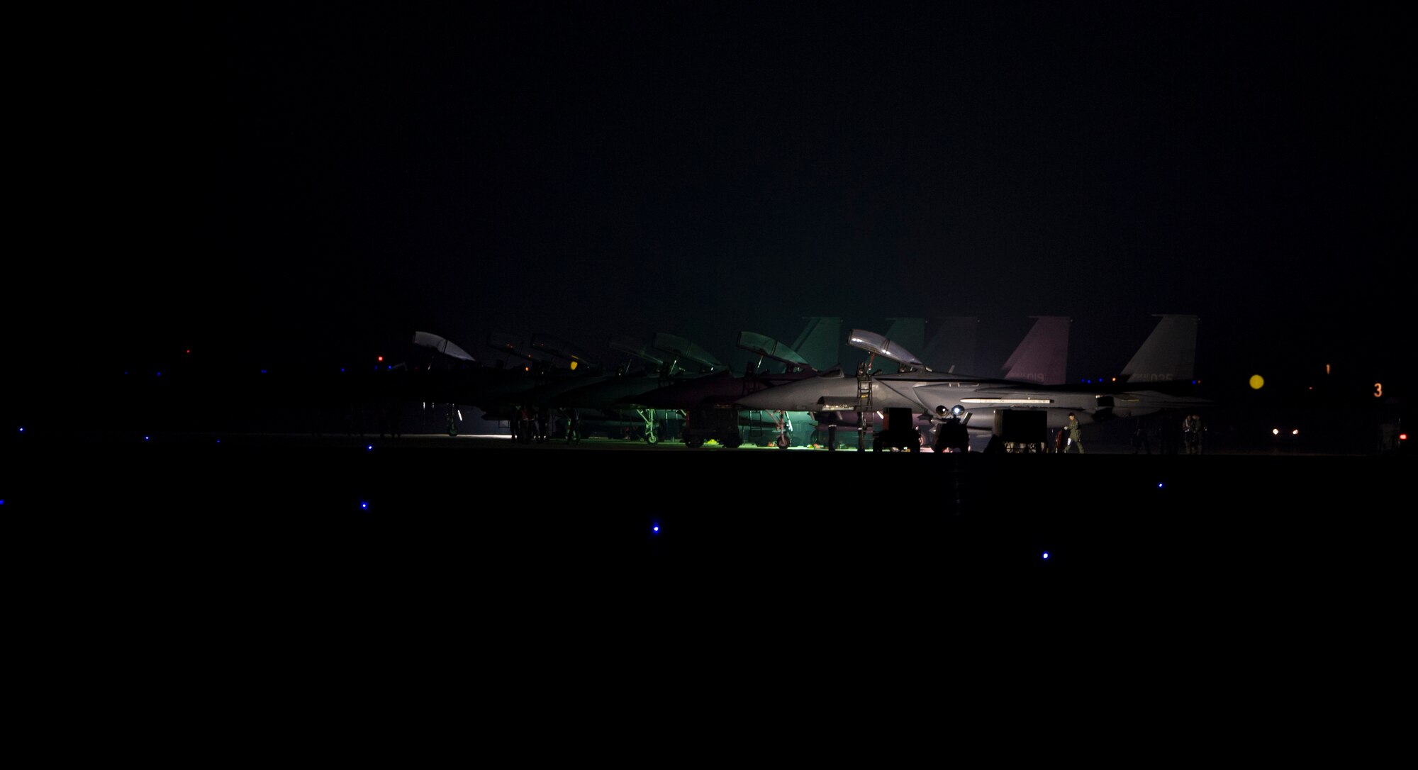 Republic of Korea F-15 Strike Eagles are readied for the next day’s flight during Max Thunder by Republic of Korea Air Force Airmen, Oct. 29, 2013. This is the 11th Max Thunder exercise, which fosters bilateral aerial training between the Korea Air Power Team to include the U.S. Air Force, Marine Corps and the Republic of Korea air force. (U.S. Air Force photo by Senior Airman Armando A. Schwier-Morales)