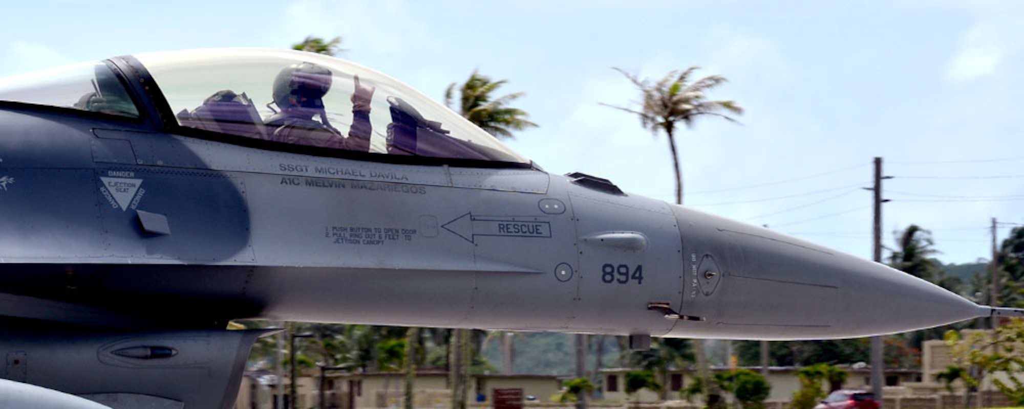 A 14th Fighter Squadron pilot from Misawa Air Base, Japan, prepares for takeoff as part of a training exercise on Andersen Air Force Base, Guam, Oct. 29, 2013. The Airmen are from the 35th Fighter Wing at Misawa AB, and are here to gaining an opportunity to train in a less restricted air space.(U.S. Air Force photo by Airman 1st Class Mariah Haddenham/Released)