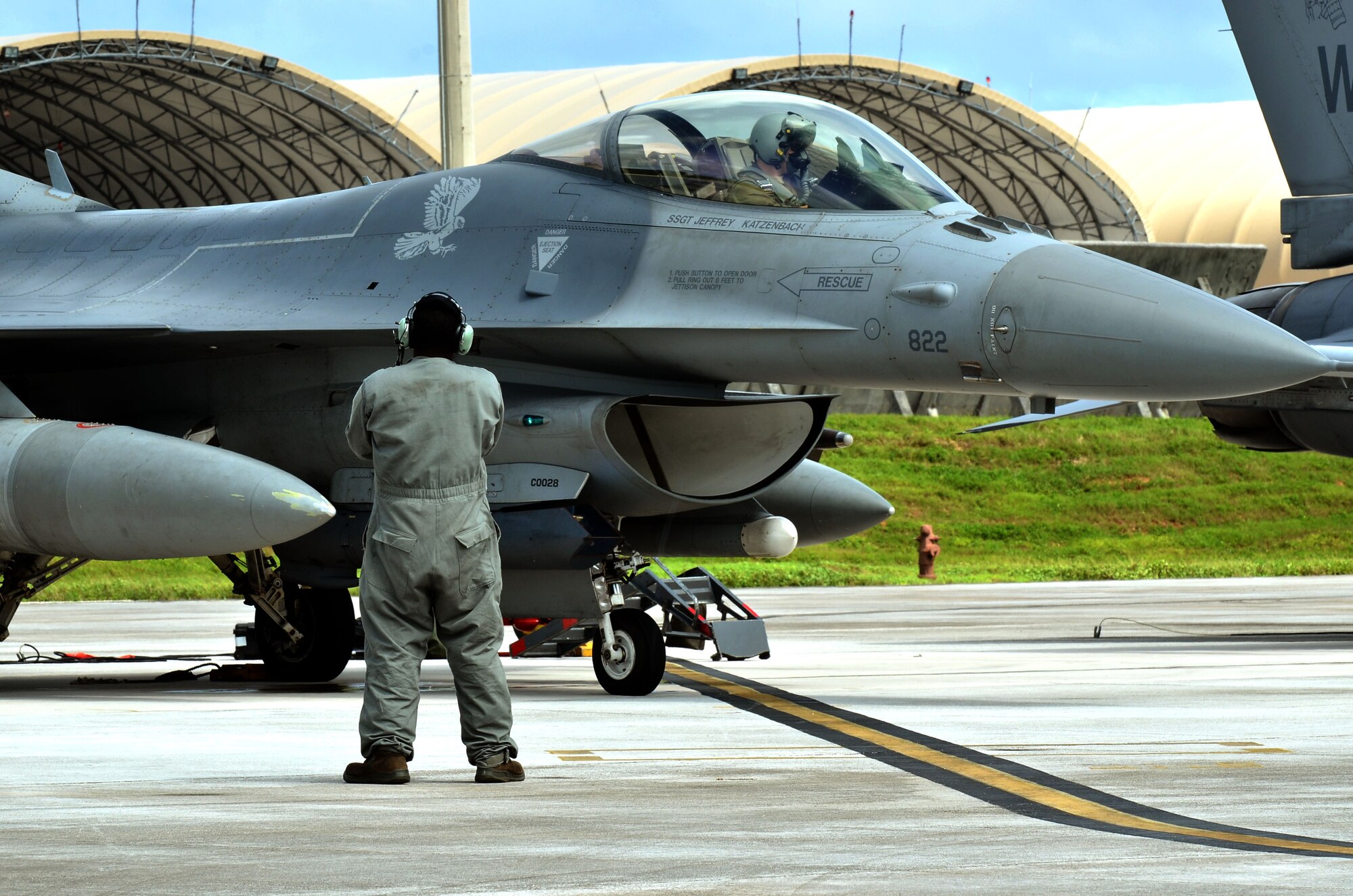 A 14th Fighter Squadron pilot from Misawa Air Base, Japan, prepares for a training mission on Andersen Air Force Base, Guam, Oct. 29, 2013. Andersen has operated as a host base for the Aviation Training Relocation program since 2011, when it was selected by a joint Japan-U.S. committee due to the limited flying regulations and close proximity to local populations in Japan.(U.S. Air Force photo by Airman 1st Class Mariah Haddenham/Released) 