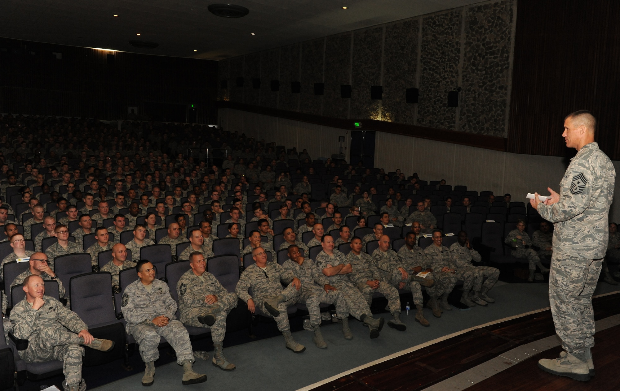 U.S. Air Force Chief Master Sgt. Steve McDonald, Pacific Air Forces command chief, speaks to 18th Wing Airmen during an enlisted all-call on Kadena Air Base, Japan, Oct. 29, 2013. During the all-call McDonald addressed the importance of being resilient, disciplined ambassadors and effective leaders, which is vital to the Air Force mission, and ended with a questions and answers session to find out what he can do to help today's Airmen.  (U.S. Air Force photo by Airman 1st Class Keith James)