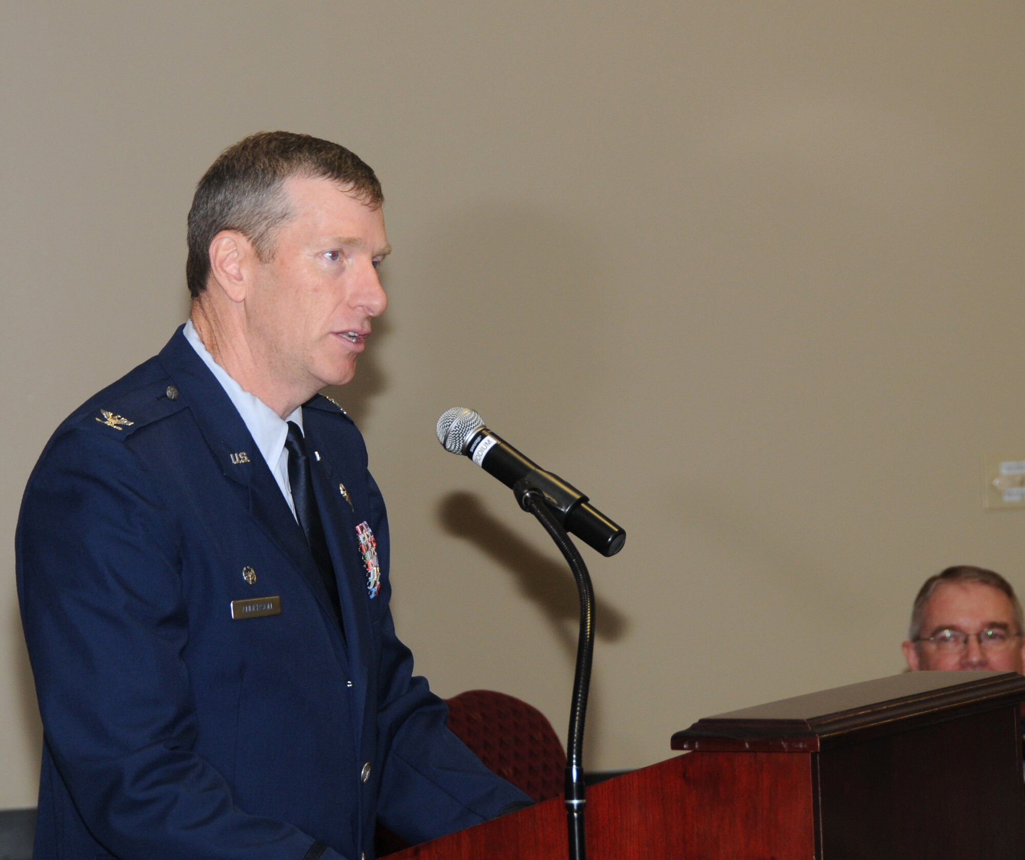 Col. Mark Anderson, 188th Fighter Wing commander, delivers a speech during the 188th Medical Group’s change of command ceremony during August’s unit training assembly. (U.S. Air National Guard photo by Senior Airman John Hillier/188th Fighter Wing Public Affairs)
