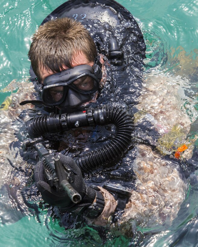 A U.S. Marine assigned to Force Reconnaissance Platoon, Maritime Raid Force, 26th Marine Expeditionary Unit (MEU), provides security as his teammates conduct an amphibious insertion onto maritime infrastructure while training foreign Marines in the U.S. 5th Fleet area of responsibility, Sept. 1, 2013. The 26th MEU is a Marine Air-Ground Task Force forward-deployed to the U.S. 5th Fleet area of responsibility aboard the Kearsarge Amphibious Ready Group serving as a sea-based, expeditionary crisis response force capable of conducting amphibious operations across the full range of military operations. (U.S. Marine Corps photo by Sgt. Christopher Q. Stone, 26th MEU Combat Camera/Released)

