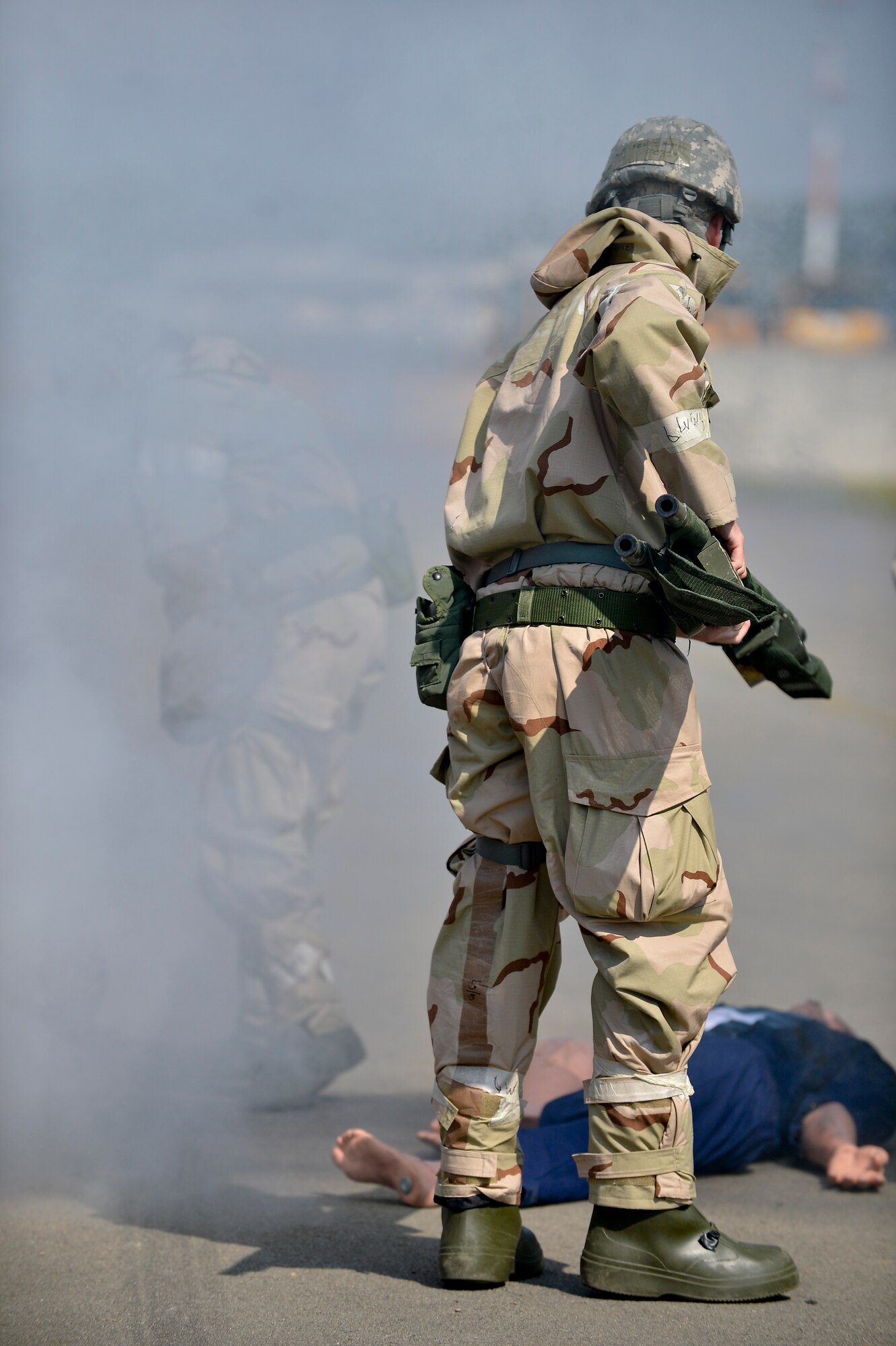 The 86th Civil Engineer Group challenged Airmen during a training scenario to measure readiness capabilities. Members of the 86th and 786th Civil Engineer squadrons simulated situations Airmen might face while in a deployed environment. Participants were drilled with a simulated mass causality incident, simulated mortar fire and the threat of a chemical attack. Mission-oriented protective posture equipment was also used to test mission capabilities during the exercise. (U.S. Air Force photos/Airman 1st Class Jordan Castelan)