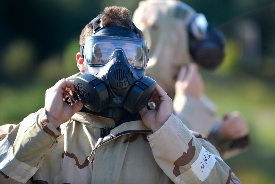 The 86th Civil Engineer Group challenged Airmen during a training scenario to measure readiness capabilities. Members of the 86th and 786th Civil Engineer squadrons simulated situations Airmen might face while in a deployed environment. Participants were drilled with a simulated mass causality incident, simulated mortar fire and the threat of a chemical attack. Mission-oriented protective posture equipment was also used to test mission capabilities during the exercise. (U.S. Air Force photo/Airman 1st Class Jordan Castelan)
