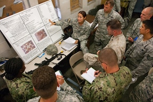 On July 24, Joint Communications Support Element (JCSE) member, U.S. Army Capt. Ada Hernandez (top center), briefs the fully integrated teams of joint communicators from JCSE’s 2nd Joint Communications Squadron, the Canadian Forces Joint Signal Regiment and the U.K.’s 30th Signal Regiment on convoy operations. By training alongside one another during realistic training scenarios, exercise Cobb Ring demonstrated the mission-critical skill sets and the shared expertise of all who participated.