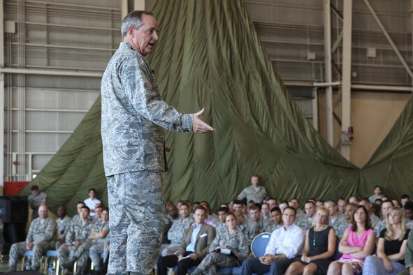 Air Force Chief of Staff Gen. Mark A. Welsh III addresses Airmen Aug. 27, 2013, at Yokota Air Base, Japan. As part of his first visit to the region as Air Force chief of staff, Welsh met with Airmen to thank them for their service but also to discuss current Air Force challenges and opportunities in the Pacific region. (U.S. Air Force photo/Osakabe Yasuo)