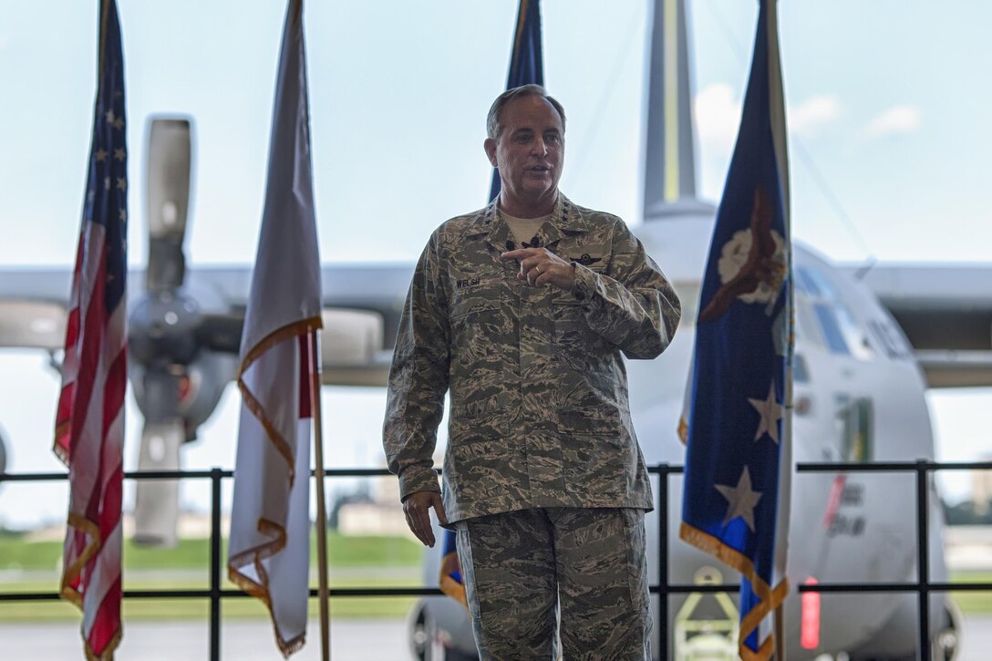 Air Force Chief of Staff Gen. Mark A. Welsh III addresses Airmen Aug. 27, 2013, at Yokota Air Base, Japan. As part of his first visit to the region as Air Force chief of staff, Welsh met with Airmen to thank them for their service and to discuss current Air Force challenges and opportunities in the Pacific region. (U.S. Air Force photo/Osakabe Yasuo)