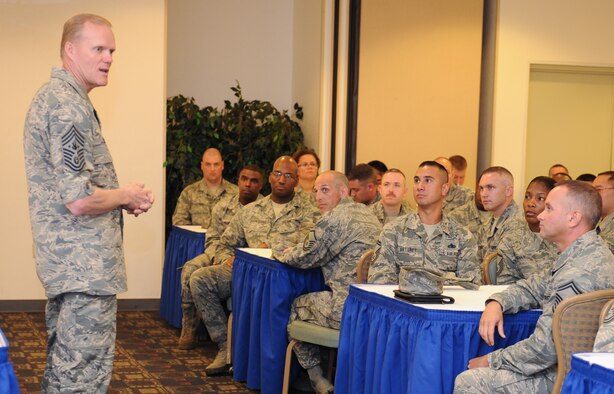 Chief Master Sgt. of the Air Force James A. Cody speaks to senior non-commissioned officers Aug. 27, 2013, while visiting Yokota Air Base, Japan. During the visit, Air Force Chief of Staff Gen. Mark A. Welsh III and Cody met with Airmen to get a personal look at how to best prepare and care for America's Airmen as they face challenges in the Pacific theater. (U.S. Air Force photo/Senior Airman Andrea Salazar)