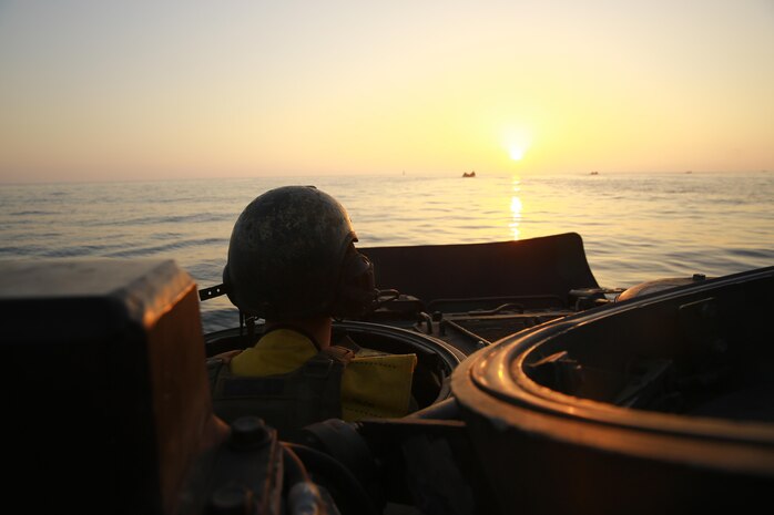 Private First Class David Lee, amphibious assault vehicle driver, Charlie Company, 3rd Assault Amphibian Battalion, and native of San Clemente, Calif., drives an amphibious assault vehicle toward their objective during a nighttime beach landing here, Aug. 25, 2013. The nighttime landing was the first phase in the four-day training exercise where the Marines honed their amphibious and combat capabilities. The Marines performed the exercise in preparation for their upcoming deployment to Japan where they will support joint operations in the Pacific.