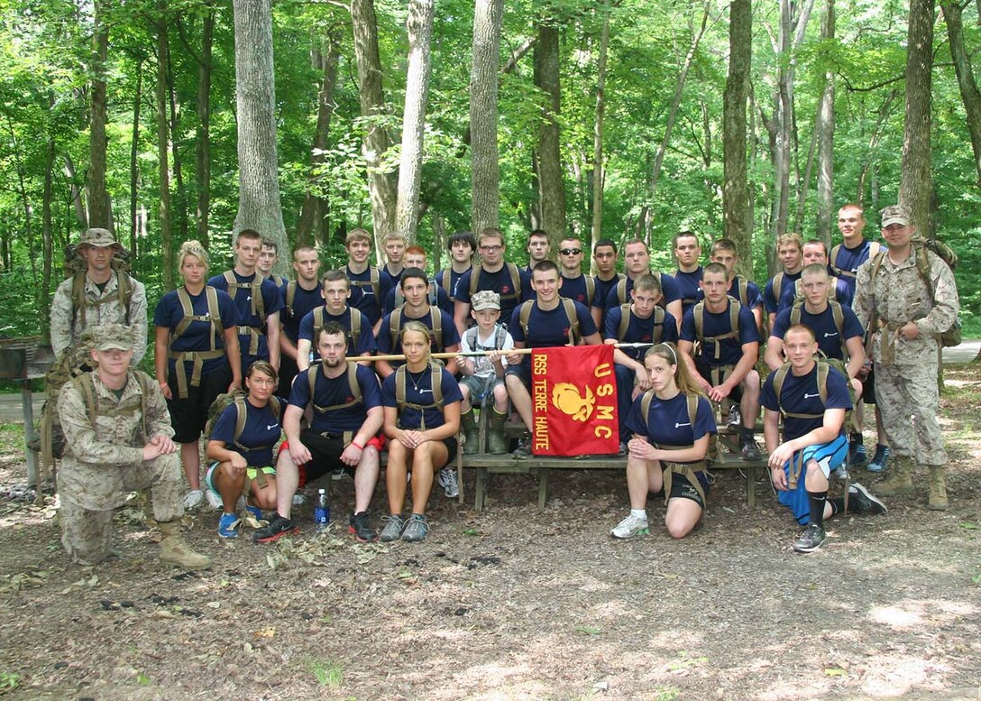 Marines and poolees from RSS Terre Haute pose for a photo during their hike through Turkey Run State Park, Bloomingdale, Ind., for their monthly pool fucnction on August 15.