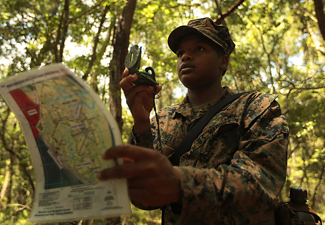 Land navigation training is part of the recruits’ Basic Warrior Training week, which introduces them to rudimentary combat skills. 