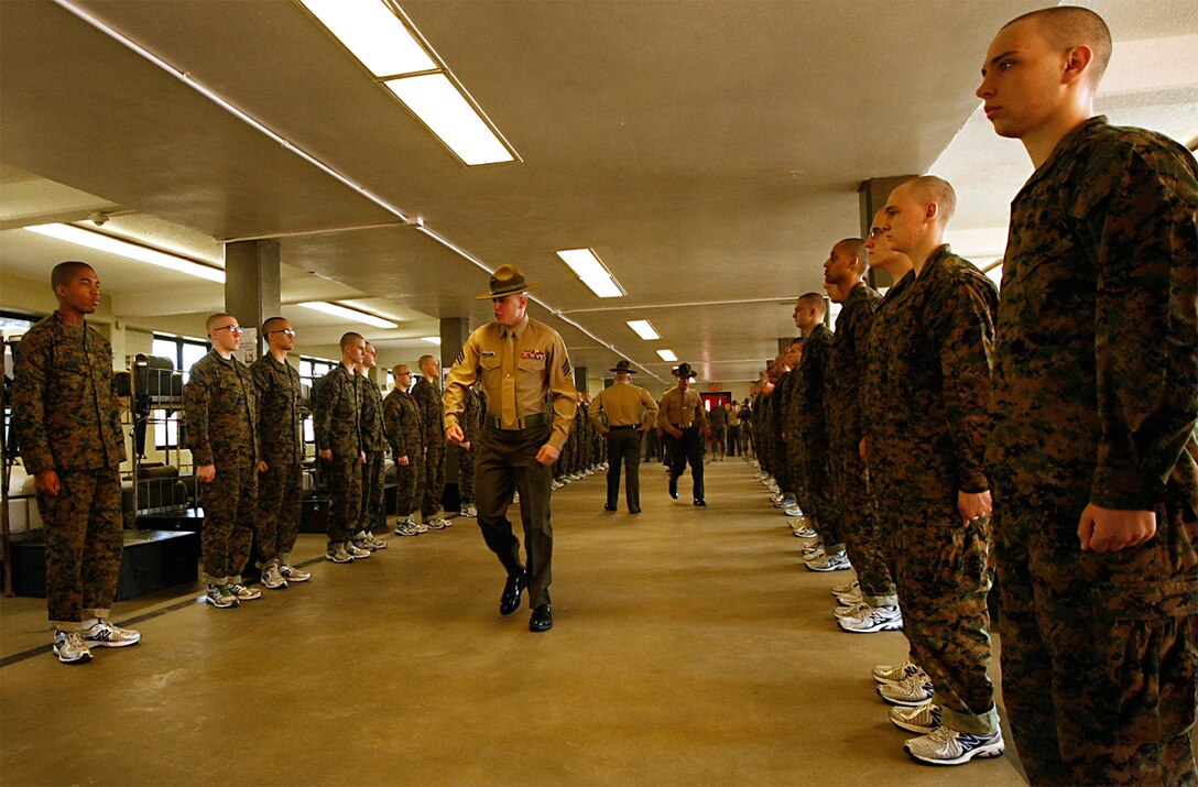 New recruits meet their drill instructors for the first time during "pick-up," which occurs the Saturday after recruits arrive on Parris Island.