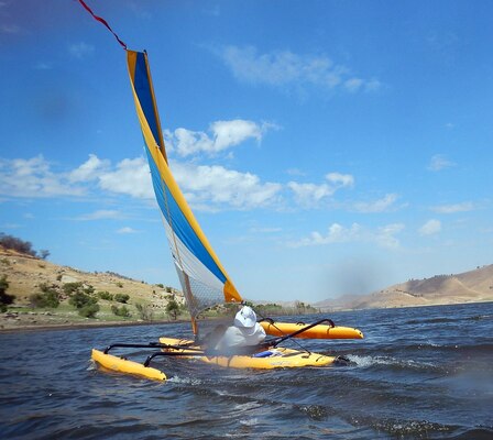 Bertha Moynahan gathers speed and throws some spray while sailing on Lake Kaweah, Calif., Aug. 28, 2013. 