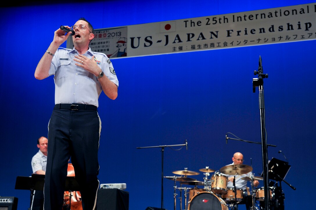 Staff Sgt. Geoffrey Fisher with the Pacific Air Forces Band performs Aug. 31, 2013, at Fussa, Japan.  The PACAF Band entertained guests with a wide variety of music at the U.S. – Japan Friendship Concert.  (U.S. Air Force photo by Airman 1st Class Soo C. Kim)