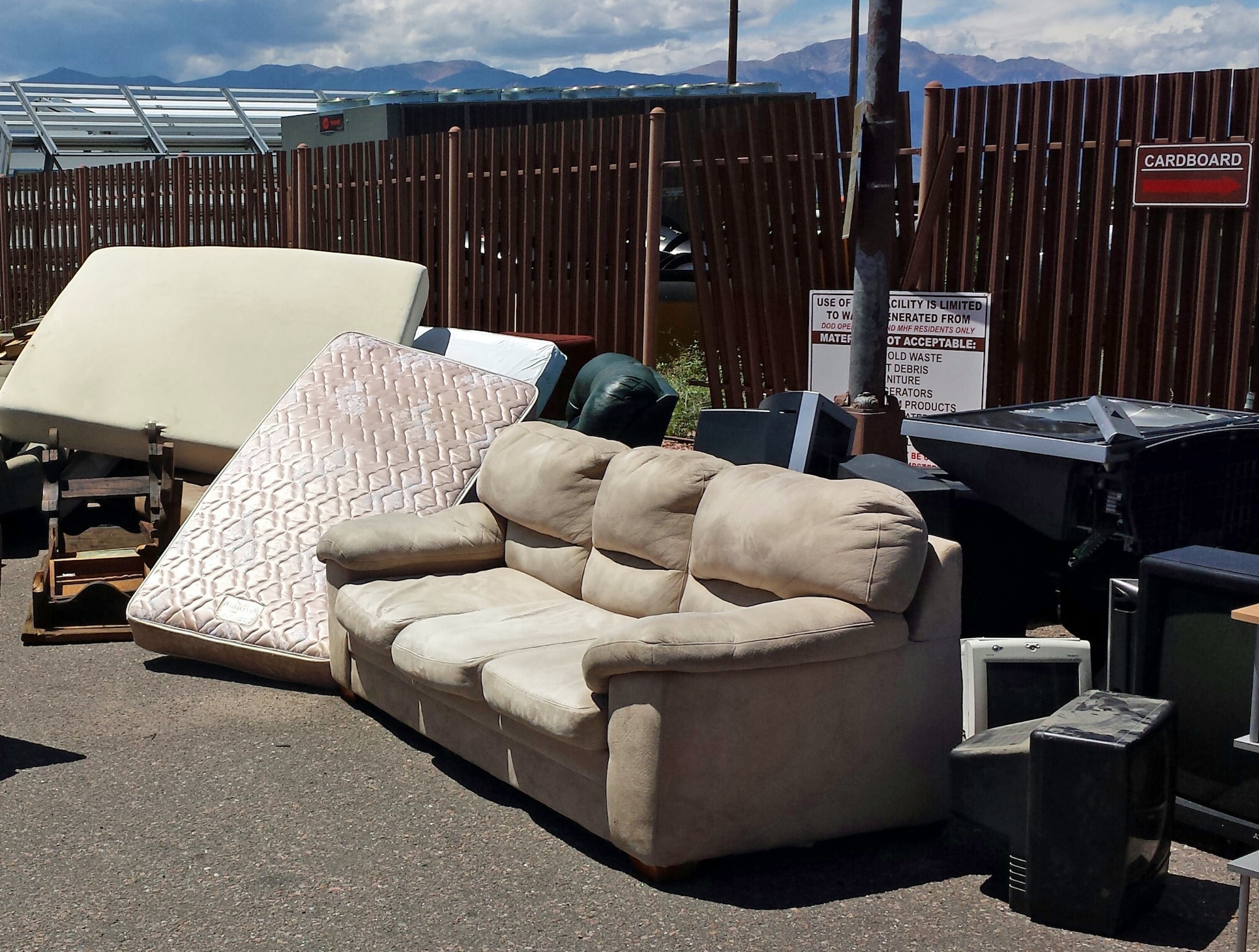 PETERSON AIR FORCE BASE, Colo. -- The recycle yard, located west of the 21st Civil Engineer Squadron headquarters building 1324, is designated for recycling government-generated waste, not as a dump site or personal landfill for residents or other base users. Users can recycle plastic, paper and aluminum, but should not leave trash or wood waste, large items like furniture and appliances, or hazardous waste. (U.S. Air Force photo)