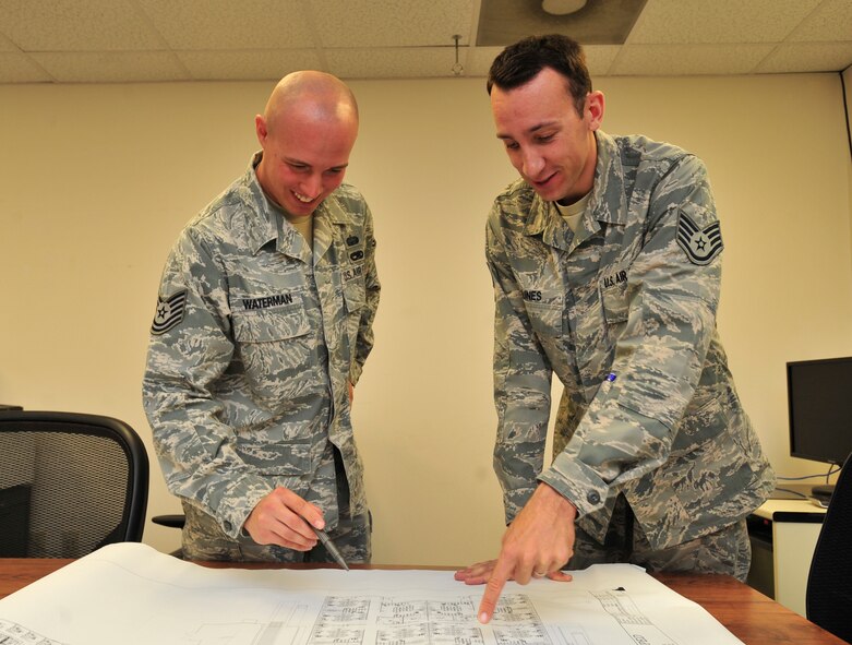 Tech. Sgt. Joseph Waterman and Staff Sgt. Patrick Nunes, 436th Communications Squadron plans and programs team members discuss building plans Aug. 28, 2013, at Dover Air Force, Del. System development life cycle is one of the main reasons the plans and programs team was selected to represent the Air Mobility Command in the 2013 Department of Defense Chief Information Officer awards. (U.S. Air Force photo/Staff Sgt. Elizabeth Morris)