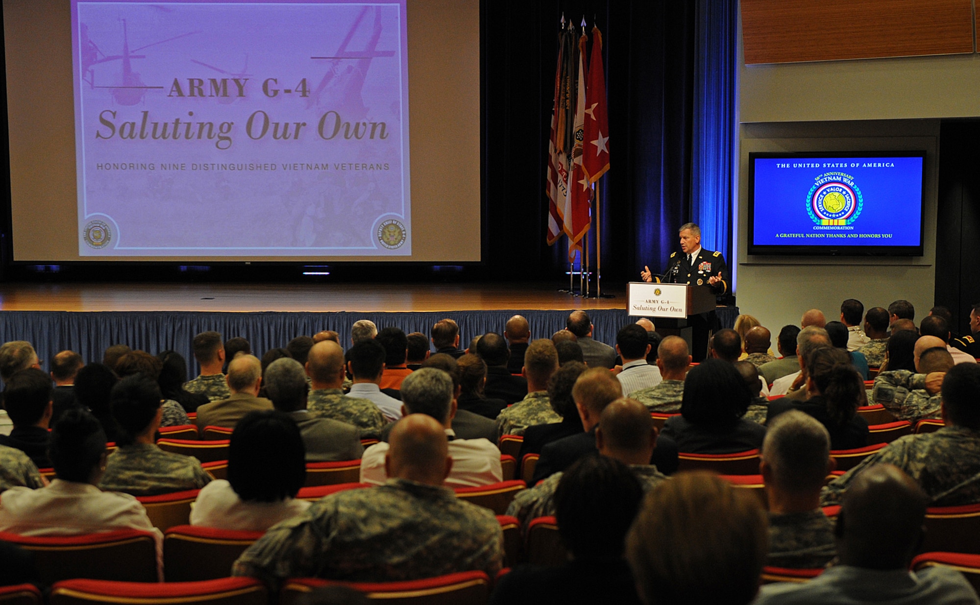 Army G-4 Lt. Gen. Raymond Mason, Army lead for the the 50th Commemoration of the Vietnam War, hosted the Pentagon's first celebration, Aug. 28, 2013, honoring those who served in Vietnam during the 10-year war, between 1965 and 1975. Mason presented certificates to nine Vietnam veterans who work in the G-4 and who served 14 tours in-country and 225 years in uniform. (U.S. Army photo)