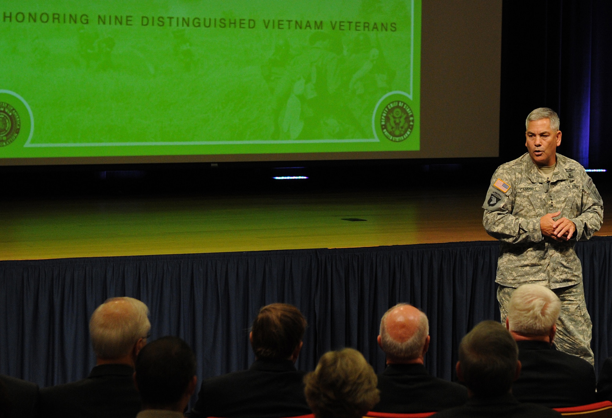 Army Vice Chief of Staff Gen. John F. Campbell praises nine Vietnam War veterans for their service, Aug. 28, 2013, at the Pentagon's kick-off of the 50th Anniversary Commemoration of the Vietnam War, which spanned from 1965 to 1975.