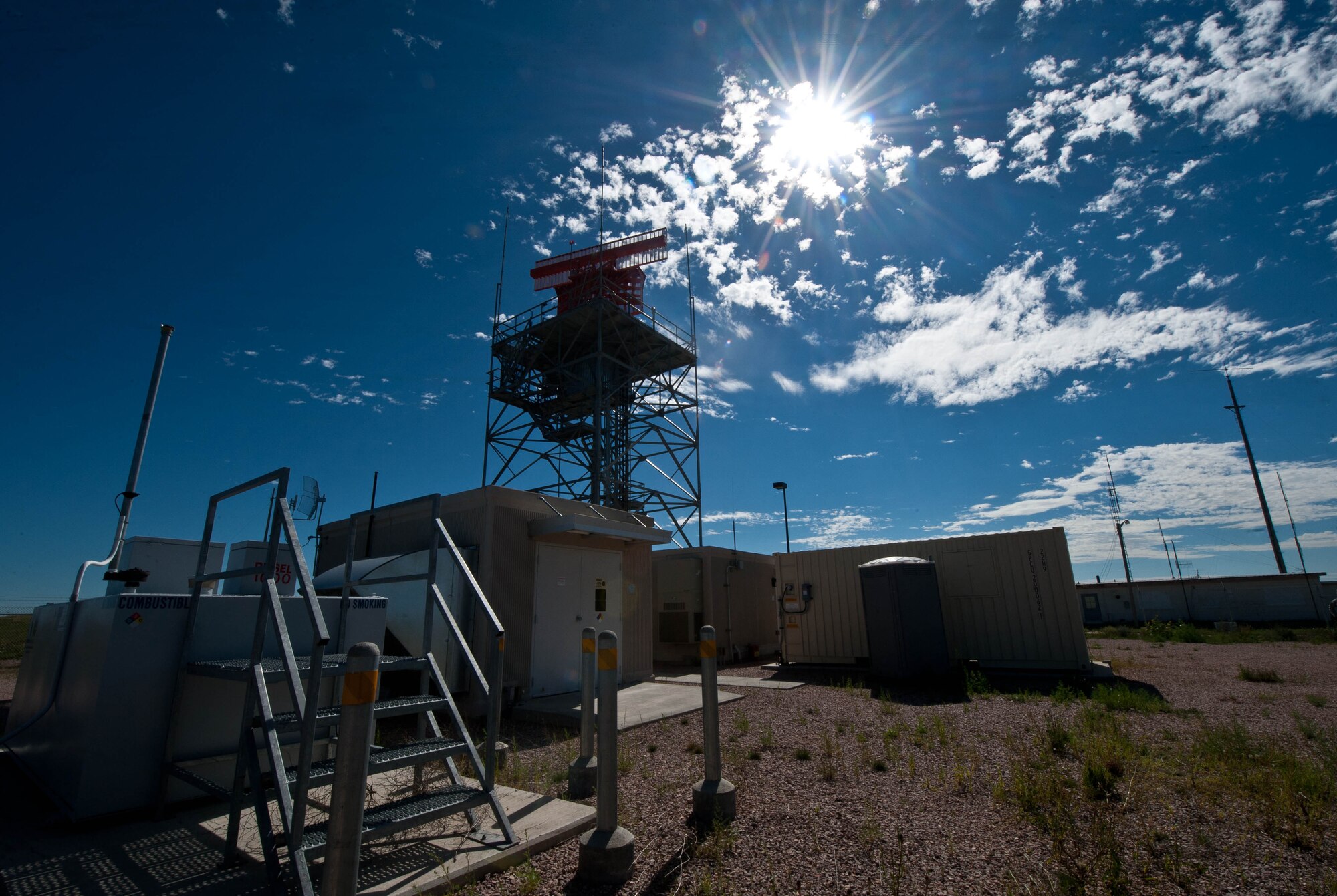 The radar tower center in Box Elder, S.D., sends flight space data to Ellsworth Air Force Base air controllers, Aug. 27, 2013. The radar site equipment provides flight patterns for all aircraft throughout the region. (U.S. Air Force photo by Airman 1st Class Zachary Hada/Released)