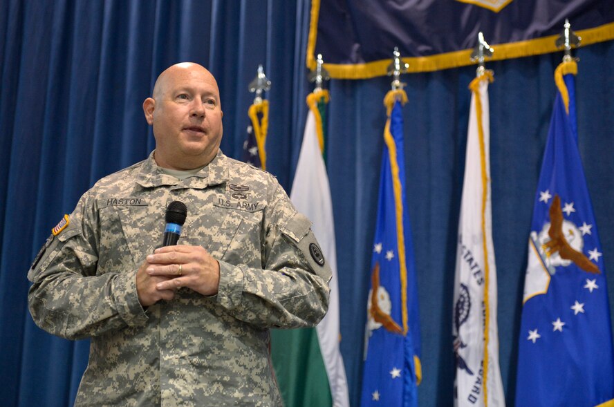 MCGHEE TYSON AIR NATIONAL GUARD BASE, Tenn. - Army Maj. Gen. Terry M. Haston, the adjutant general for Tennessee, speaks to 336 graduates of the U.S. Air Force Noncommissioned Officer Academy Class 13-7 and Airman Leadership School Class 13-6 at the I.G. Brown Training and Education Center  August 15, 2013, during thier graduation ceremony. (U.S. Air National Guard photo by Master Sgt. Kurt Skoglund)