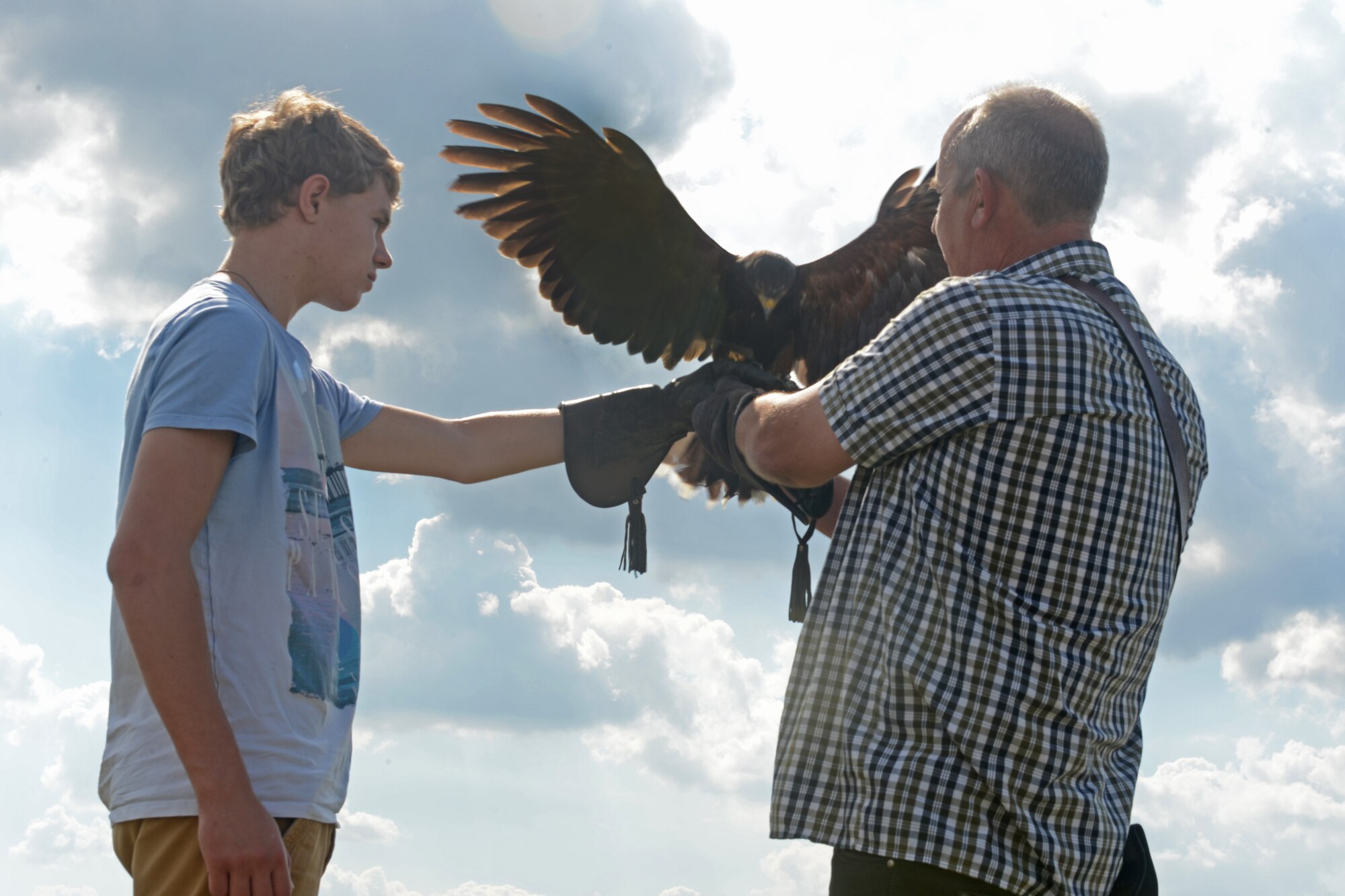 A Royal Air Force Flying Clubs Association member (left), participates with Keith Mutton, Phoenix Bird Control falconer, in a birds-of-prey demostration at RAF Lakenheath, England, Aug. 26, 2013. RAFFCA members integrated with Liberty Wing aircrew by participating in a safety discussion,  base tour, birds-of-prey demonstration and static displays of an F-15C Eagle, HH-60 Pave Hawk and munitions. (U.S. Air Force photo by Airman 1st Class Dawn Weber/Released)