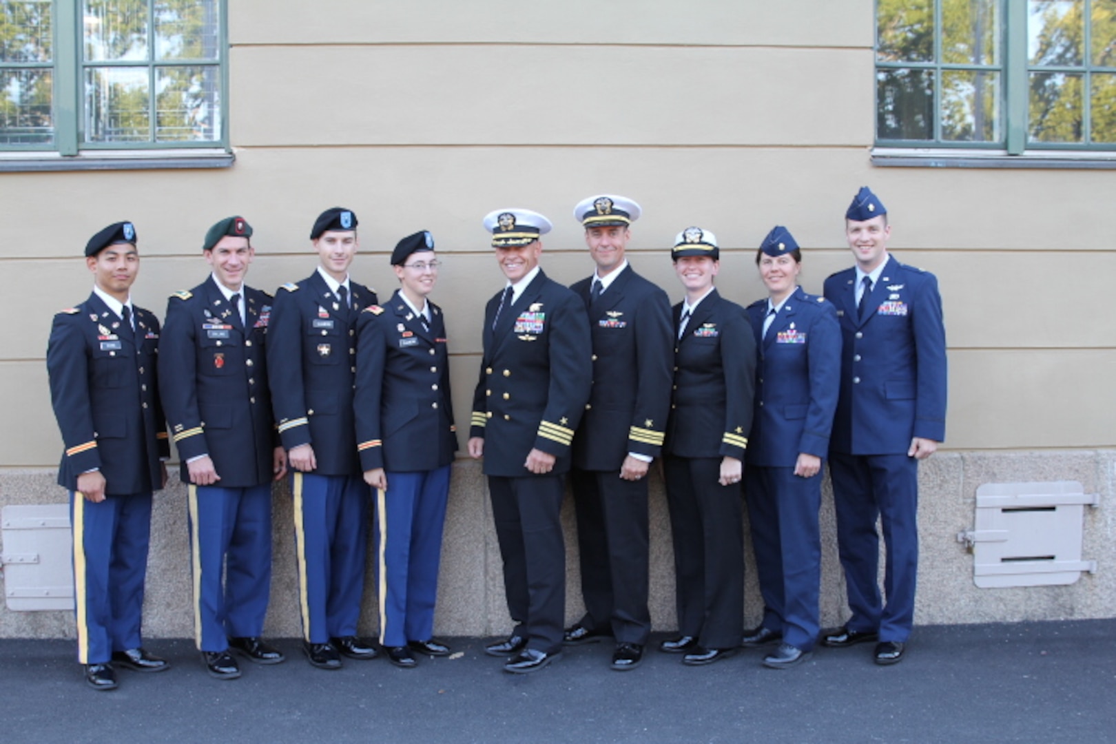 The 2013 U.S. Armed Forces Orienteering Team from Left to Right: 1LT Joshua Wang (Army), LTC Liam Collins (Army), 1LT Kevin Culberg (Army), 2LT Hannah Culberg (Army), CDR Grant Staats (Navy), LCDR Jeremy Debons (Navy), LT Virginia Debons (Navy), Maj Maiya Anderson (USAF), Maj Joseph Burkhead (USAF)at the 2013 CISM World Orienteering Military Championship hosted by the Swedish Armed Forces in Eksjo, Sweden from 26 August to 1 September.