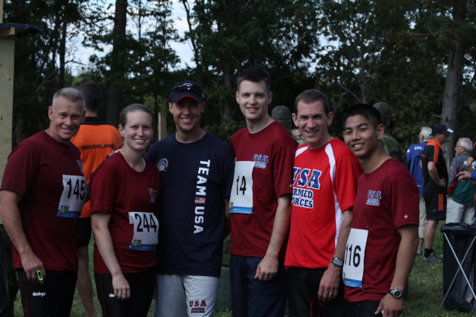 Team USA from left to right:  CDR Grant Staats (Navy), LT Virginia Debons (Navy), LCDR Jeremy Debons (Navy), Maj Joseph Burkhead (USAF), LTC Liam Collins (Army), and 1LT Joshua Wang (Army)