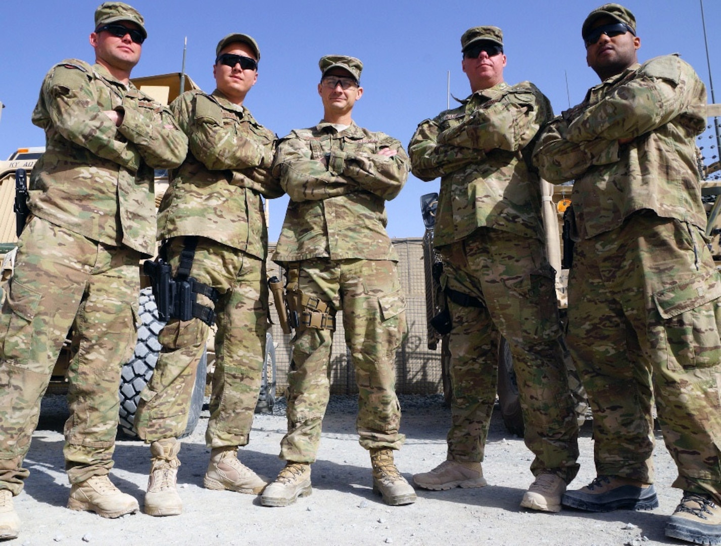 Air Force Staff Sgt. Jonathon Stribling, second from left, with the Airmen of the Kentucky National Guard’s Agribusiness Development Team 4 in southern Afghanistan on March 6, 2012. Also pictured are Staff Sgt. Austin McDonald, Tech. Sgt. Bucky Harris, Staff Sgt. Jeff Ward and Staff Sgt. Raphael Williams.