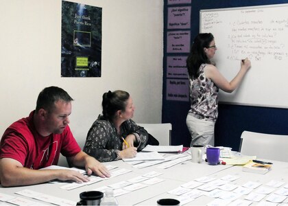 Anna Holt, Spanish instructor at the Institute for Second Language Acquisition, Inc., teaches sentence structure as Military Engagement Team members learn and take notes, Sept. 17. The Military Engagement Team, consisting of 10 Wisconsin National Guard Soldiers spent two weeks in San Juan, Puerto Rico learning the language and about Spanish culture.