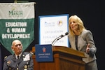 Jill Biden speaks about being a military mother during a "Joining Forces" campaign event on educating educators at George Mason University in Fairfax, Va., Oct. 3, 2012.