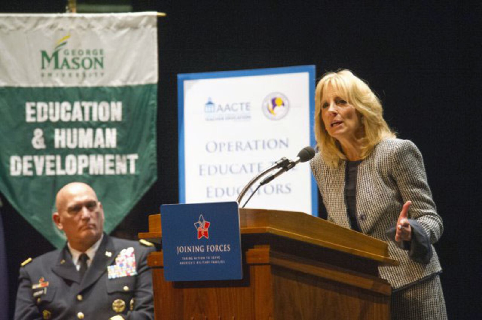 Jill Biden speaks about being a military mother during a "Joining Forces" campaign event on educating educators at George Mason University in Fairfax, Va., Oct. 3, 2012.