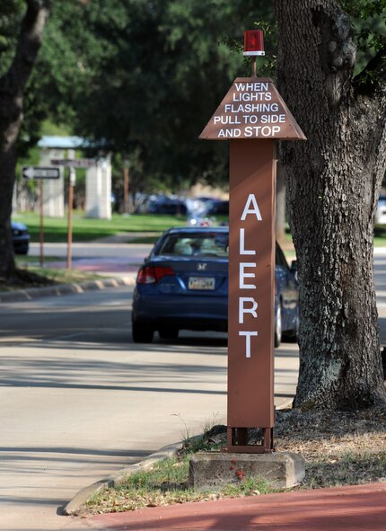The klaxon is an audio and visual system used to tell Barksdale Air Force Base that alert vehicles are reporting to designated areas. The audio system is the loud sound heard during the test, and the visual aspect is when the klaxon lights flash along the roads and inside the buildings. (U.S. Air Force photo/Senior Airman Benjamin Gonsier)