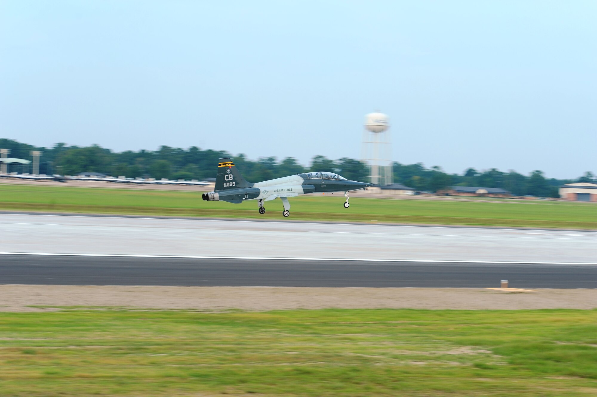 T-38C instructor pilots Col. Jim Sears, 14th Flying Training Wing Commander and Lt. Col. Travis Ingber, 14th Operations Support Squadron make the first landing on the newly reconstructed Columbus Air Force Base center runway Sept. 3.  The construction project for the longest runway in the state of Mississippi finished on-time and under-budget, despite 40 rained-out days.  (U.S. Air Force Photo/Airman 1st Class Charles Dickens)